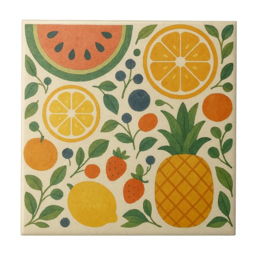 レトロガーデンフルーツ – ヴィンテージ水彩 タイル (正面)
