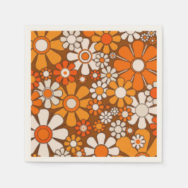 レトロガーデンフローラ60s 70sパターンブラウン&オレンジ スタンダードカクテルナプキン