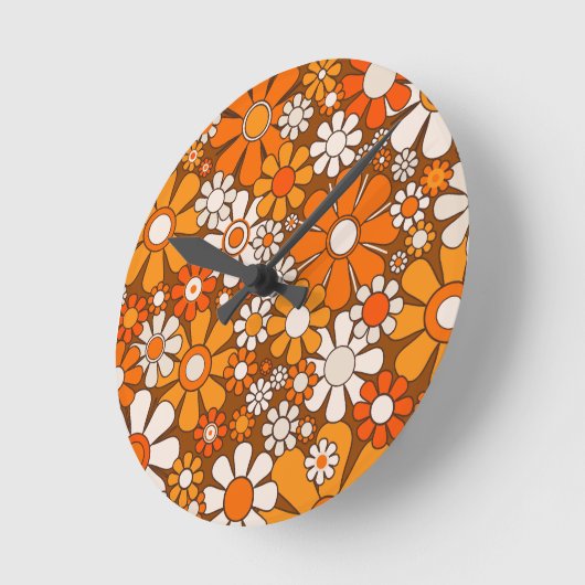 レトロガーデンフローラ60s 70sパターンブラウン&オレンジ ラウンド壁時計 (傾斜)