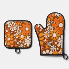 レトロガーデンフローラ60s 70sパターンブラウン&オレンジ 鍋つかみ&鍋敷きセット