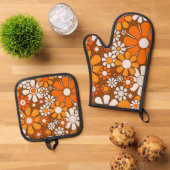 レトロガーデンフローラ60s 70sパターンブラウン&オレンジ 鍋つかみ&鍋敷きセット (トップダウン)