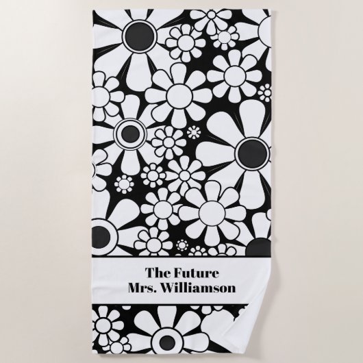 レトロガーデンブラックアンドホワイトフローラ花嫁パターン ビーチタオル (正面)