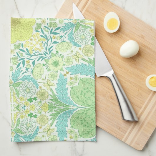 レトロガーデン花模様の緑と黄色 キッチンタオル (四つ折り)