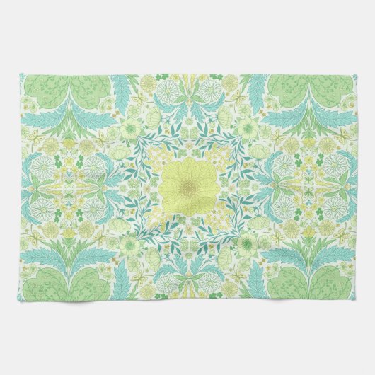 レトロガーデン花模様の緑と黄色 キッチンタオル (横)
