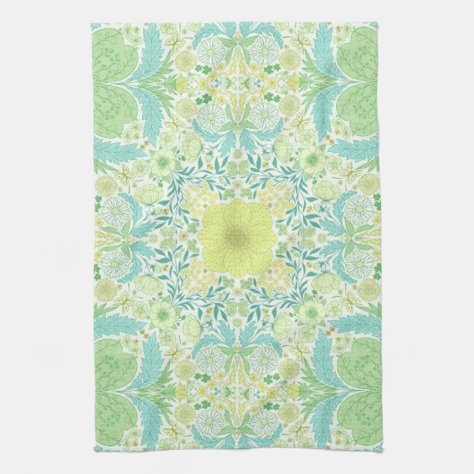 レトロガーデン花模様の緑と黄色 キッチンタオル (縦)
