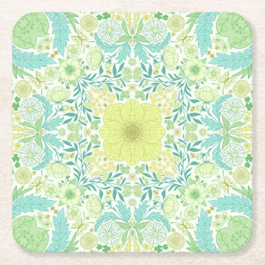 レトロガーデン花模様の緑と黄色 スクエアペーパーコースター (正面)