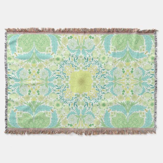 レトロガーデン花模様の緑と黄色 スローブランケット (正面)