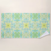 レトロガーデン花模様の緑と黄色 ビーチタオル (正面)