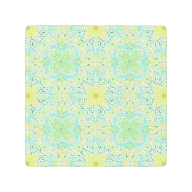 レトロガーデン花模様の緑と黄色 メタルプリント (正面)