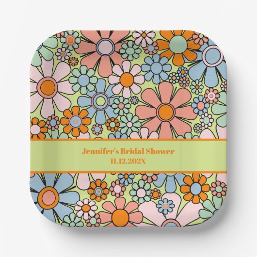 レトロガーデン花60s 70sボホフローラルパターン ペーパープレート (正面)