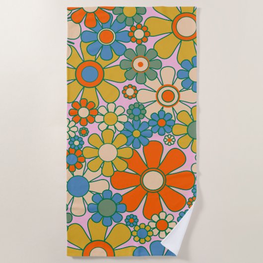 レトロガーデン花60s 70s花柄 ビーチタオル (正面)