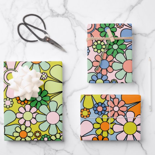 レトロガーデン花Groovy 60s 70s春パターン ラッピングペーパーシート (正面)
