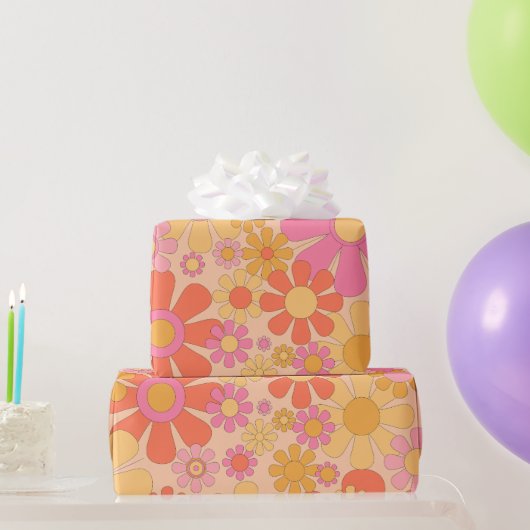 レトロガーデン60s 70sヴィンテージフローラストライプピンク ラッピングペーパー (パーティーギフト)