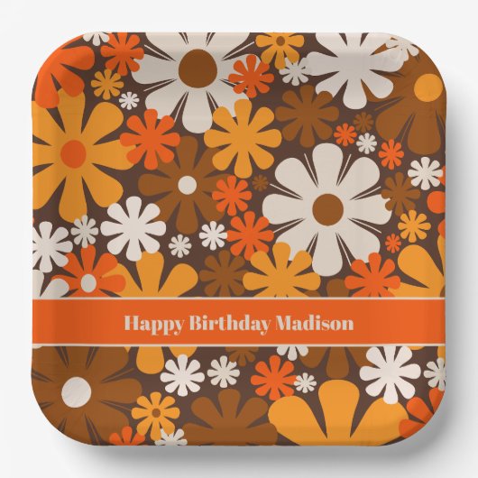 レトロガーデン70s 60sブラウン&オレンジフローラルパターン ペーパープレート (正面)