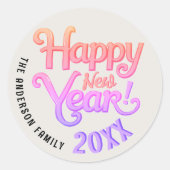 レトロガーリーヴィンテージハッピーニューイヤーPink Script ラウンドシール (正面)