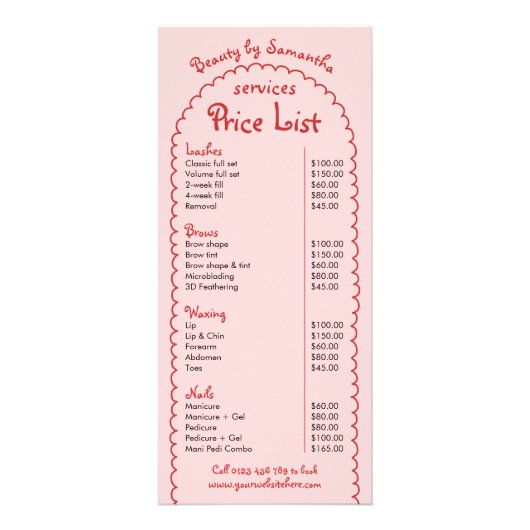 レトロガーリー赤ピンク手書きサロン価格表 ラックカード (正面)