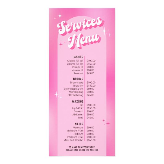 レトロガーリーGroovyピンクサロン爪、 ネイルスパ価格表 ラックカード (正面)