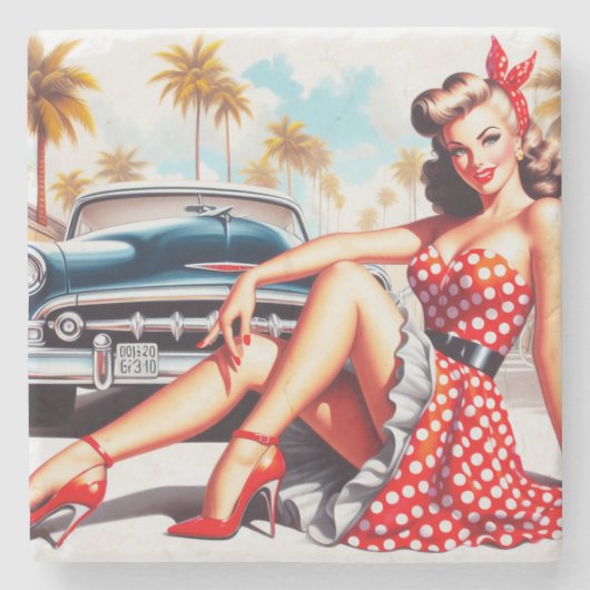 レトロガールクラシックのピンアップ ストーンコースター (正面)