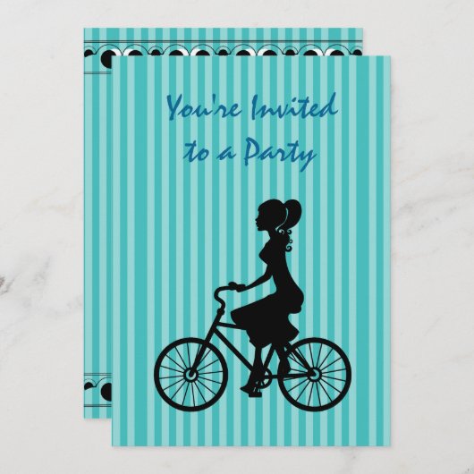 レトロガールサイクリストシルエットパーティー 招待状 (正面/裏面)
