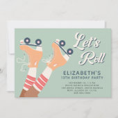 レトロガールズローラースケートで滑る誕生日パーティー 招待状 (正面)