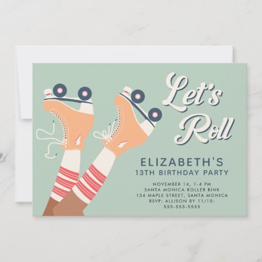 レトロガールズローラースケートで滑る誕生日パーティー 招待状 (正面)