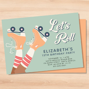 レトロガールズローラースケートで滑る誕生日パーティー 招待状