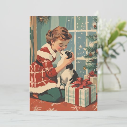 レトロガールドッグCHristmasツリービンテージクリスマス シーズンカード (スタンド正面)