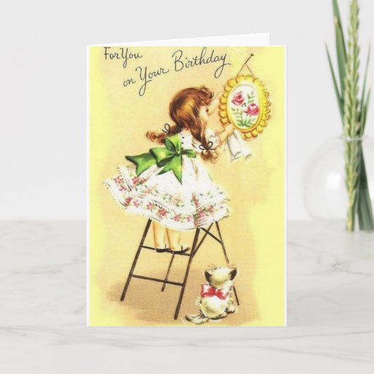 レトロガール&子猫誕生日グリーティングカード カード (正面)