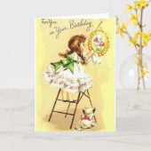 レトロガール&子猫誕生日グリーティングカード カード (黄色い花)