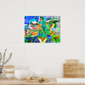 レトロキウイライム、抽象芸術グリーンティール（緑がかった色）トロピカルリリー ポスター (キッチン)