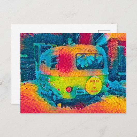 レトロキカラフルャンピングアスフォーヒッピーズグルービーアート ポストカード (正面/裏面)