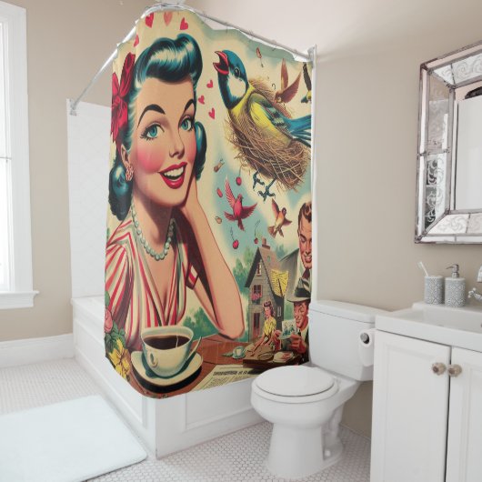 レトロキッチュ1950sガールイラストレーション シャワーカーテン (インサイチュ)