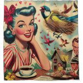 レトロキッチュ1950sガールイラストレーション シャワーカーテン (正面)