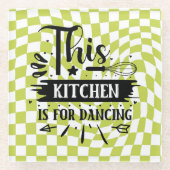 レトロキッチンことわざおもしろいピンクグリーン ガラスコースター (正面)