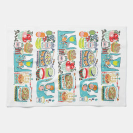 レトロキッチン調理師ブックイラストレーションアクア キッチンタオル