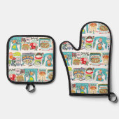 レトロキッチン調理師ブックイラストレーションアクア 鍋つかみ&鍋敷きセット (正面)