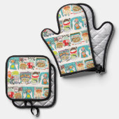 レトロキッチン調理師ブックイラストレーションアクア 鍋つかみ&鍋敷きセット (正面/裏面)