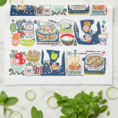 レトロキッチン調理師ブックイラストレーションネイビーブルー キッチンタオル (折り畳み)