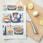 レトロキッチン調理師ブックイラストレーションネイビーブルー キッチンタオル (四つ折り)
