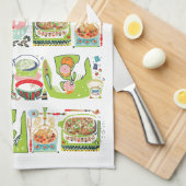 レトロキッチン調理師ブックイラストレーションブライトグリーン キッチンタオル (四つ折り)