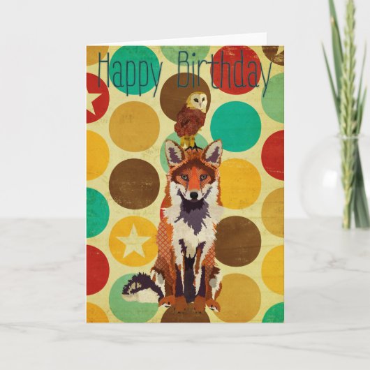レトロキツネ&フクロウ誕生日カード カード (正面)