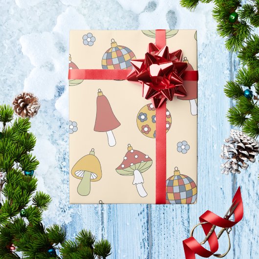 レトロキノコヴィンテージホリデーデコールクリスマス ラッピングペーパー