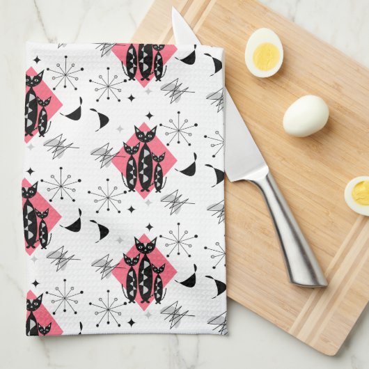 レトロキャッツアトミックスターバストモダンミッドセンチュリー キッチンタオル (四つ折り)