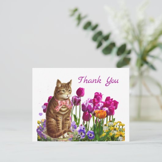 レトロキャットインチューリップガーデンありがとうはがき ポストカード (スタンド正面)