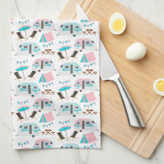 レトロキャラバンキャンピングカウトパターン キッチンタオル (四つ折り)