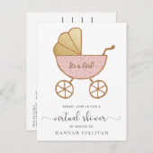 レトロキャリッジピンクグリッターバーチャルベビーシャワー インビテーションポストカード (正面/裏面)