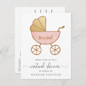 レトロキャリッジピンク金ゴールドバーチャルベビーガールシャワー インビテーションポストカード (正面/裏面)