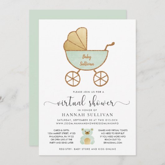 レトロキャリッジミント金ゴールドバーチャル赤ちゃんシャワー 招待状 (正面/裏面)
