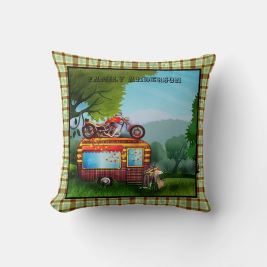 レトロキャンパーデコール – トレーラーゴミタータンチェックカスタム クッション (正面)