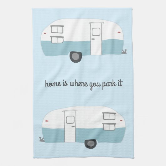 レトロキャンパートレーラーRVモーターホームブルー キッチンタオル (縦)